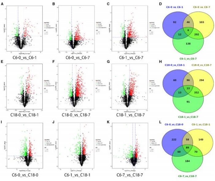 差異累積代謝物的火山圖，以及對照與其時(shí)間點(diǎn)的比較